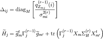 \Delta_{ij} &= \mathrm{diag}_{M}\left[\frac{q^{(r-1)}_{Z_{mj}}(i)}{\sigma^{2(r)}_{mi}}\right] \\

\widetilde{H}_{j} &= \widetilde{g}^{t}_{m} \Gamma^{(r-1)}_{j} \widetilde{g}_{m'} + \mathrm{tr}\left( \Gamma^{(r-1)}_{j}X_{m} \Sigma^{(r)}_{H}X^{t}_{m'} \right)
