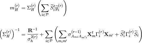 m^{(r)}_{H}  &= \Sigma^{(r)}_{H} \left( \sum\limits_{i \in \mathcal{P}} \widetilde{S}_{i}^{t}
\widetilde{y}^{(r)}_{i} \right) \\

\left(\Sigma^{(r)}_{H}\right)^{-1} &= \frac{\mathbf{R}^{-1}}{\sigma^{2(r)}_{h}} + \sum\limits_{i\in
\mathcal{P}} \left( \sum\limits_{m,m'} \sigma^{(r-1)}_{A_{mi}A_{m'i}} \mathbf{X}^{t}_{m} \Gamma^{(r)}_{i}
\mathbf{X}_{m'} + \widetilde{S}_{i}^{t} \Gamma^{(r)}_{i} \widetilde{S}_{i}\right)